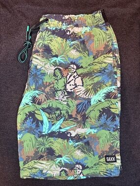 SAXX Cannonball 2N1 Swim Trunks Tropical Jungle Print Men’s M Lined Shorts
